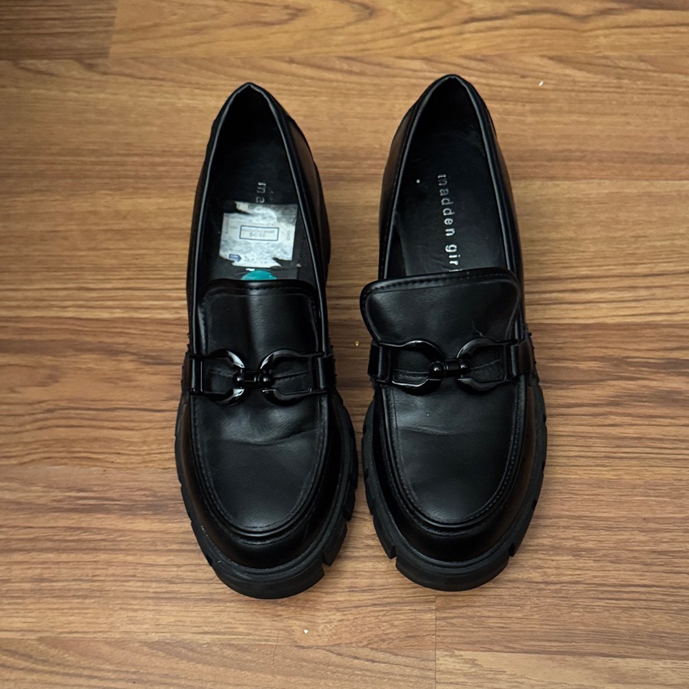 Madden Girl Black Lug Sole Leather Loafers with Bit Detail